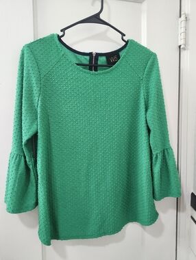 W5 Emerald Green Swiss Dot Bell Sleeve Top